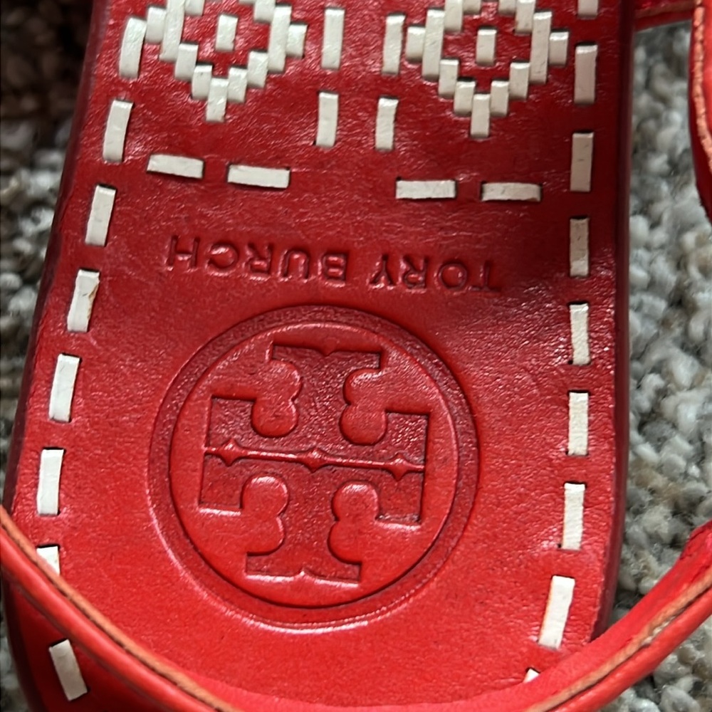 Tory Burch Red and Cream Patterned Sandals size 7 worn once - Picture 2 of 5